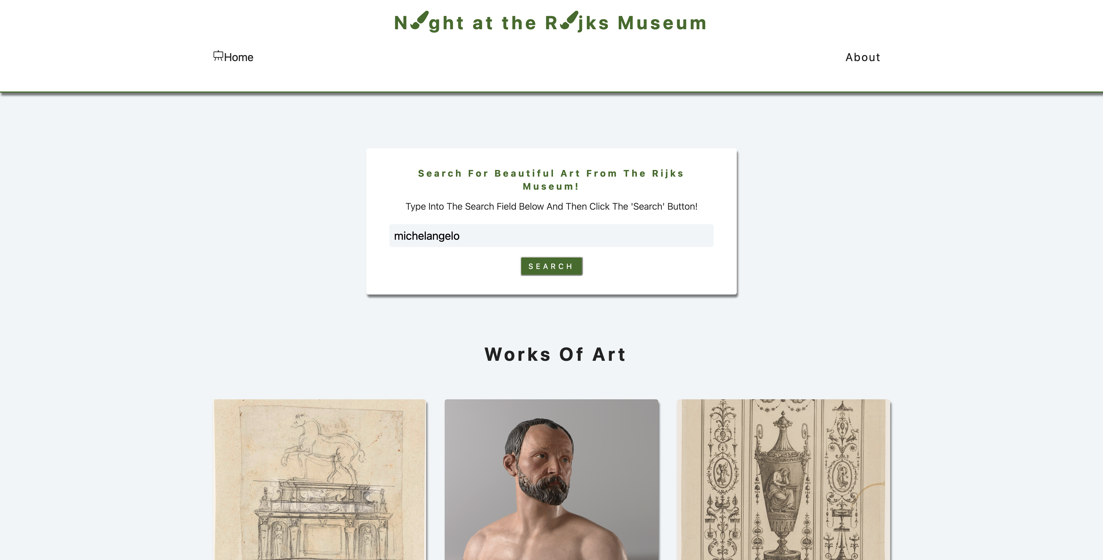 Screenshot of 'Night at Rijks Museum' art search home page